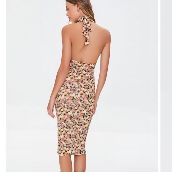 Forever 21 Halter Neck Midi Dress Pink Yellow Black Floral Stretch Jersey Medium - Picture 5 of 12